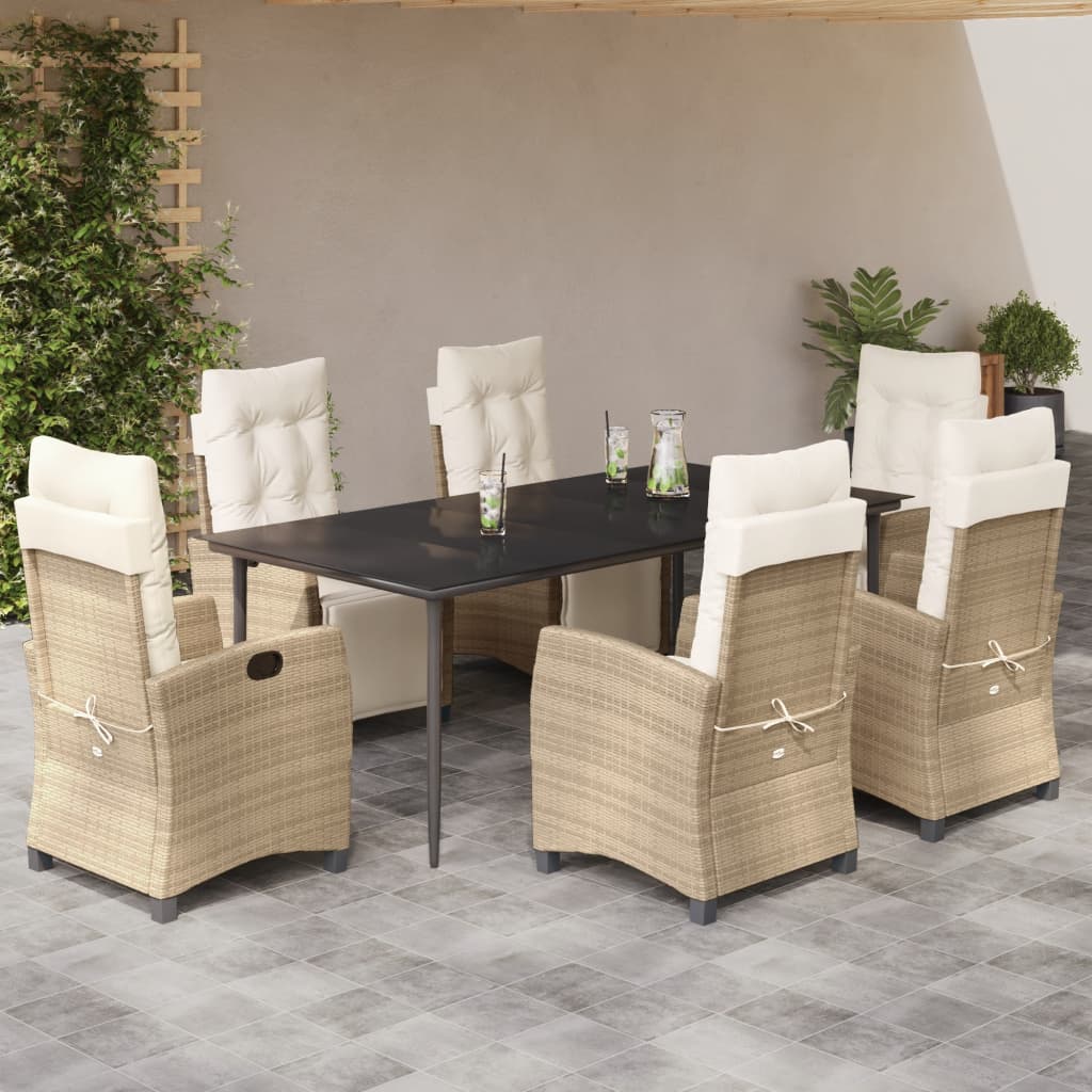 7-tlg. Garten-Essgruppe mit Kissen Beige Poly Rattan
